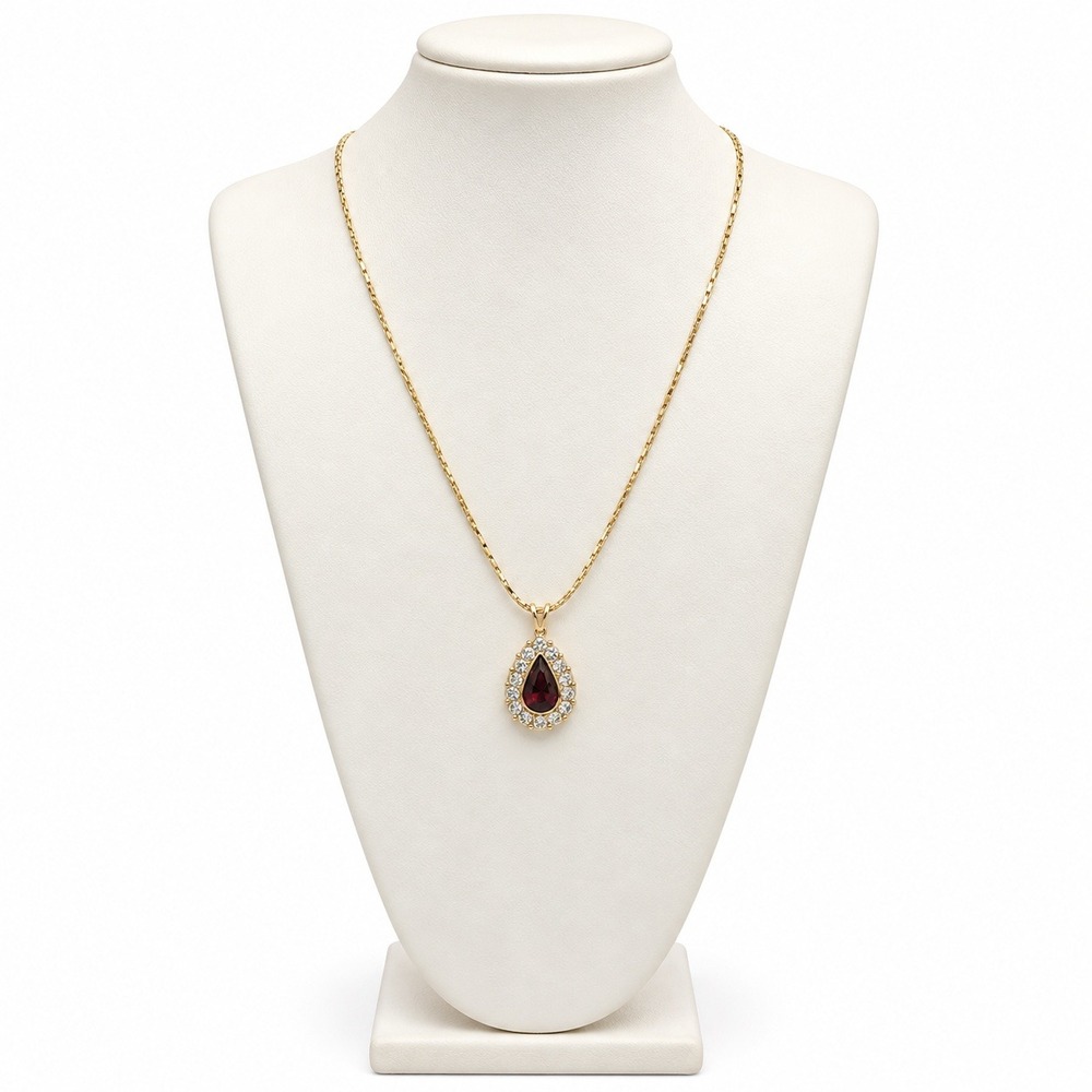 Vintage Avon Teardrop Pendant Necklace Red Rhinestone Gold Tone 19" Box Chain